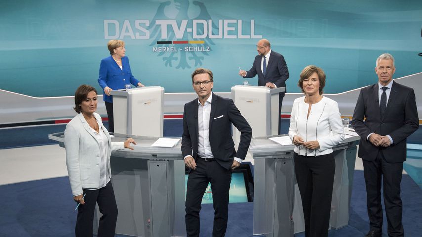 Peter Kloeppel, Maybrit Illner, Claus Strunz, Sandra Maischberger, Angela Merkel und Martin Schulz