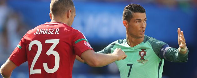 Cristiano Ronaldo & Roland Juhász beim Spiel Ungarn gegen Portugal bei der EM 2016 in Lyon Cristiano Ronaldo & Roland Juhász beim Spiel Ungarn gegen Portugal bei der EM 2016 in Lyon